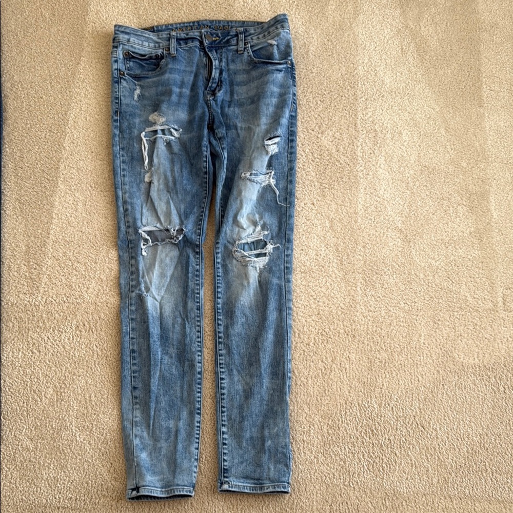American Eagle Outfitters Blue Skinny Jeans with Distressed Details
